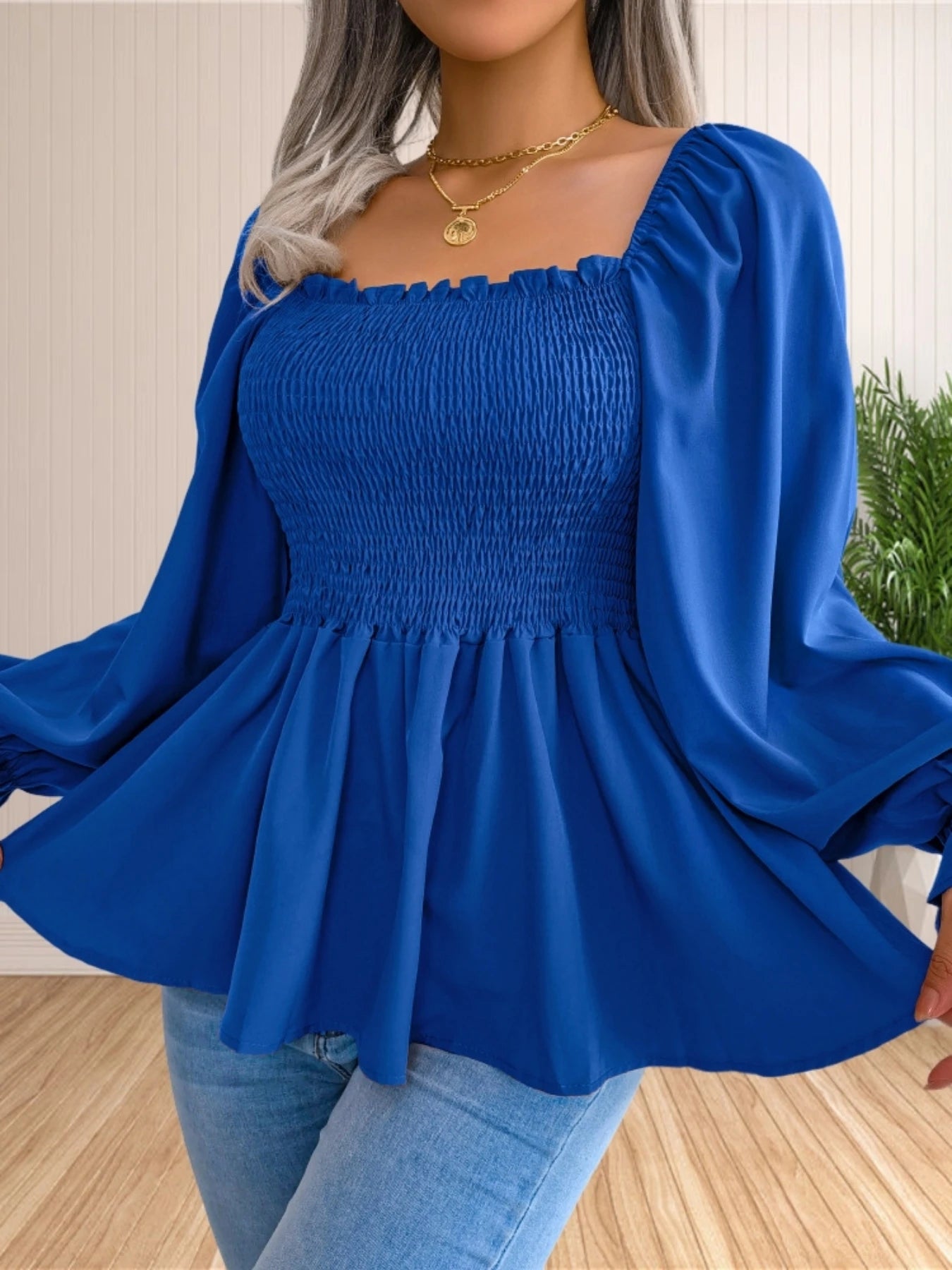 Women's Casual Long Sleeve Blouse Square Neck Smocked Ruffle Hem Slim Baby Doll Top. S-XL