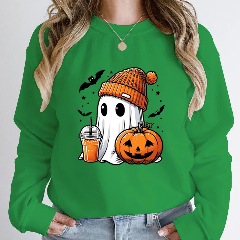 Unisex Fashion Halloween Ghost Pumpkin Bat Print Pullover Ladies Long Sleeve Halloween Sweatshirts.   S-2X