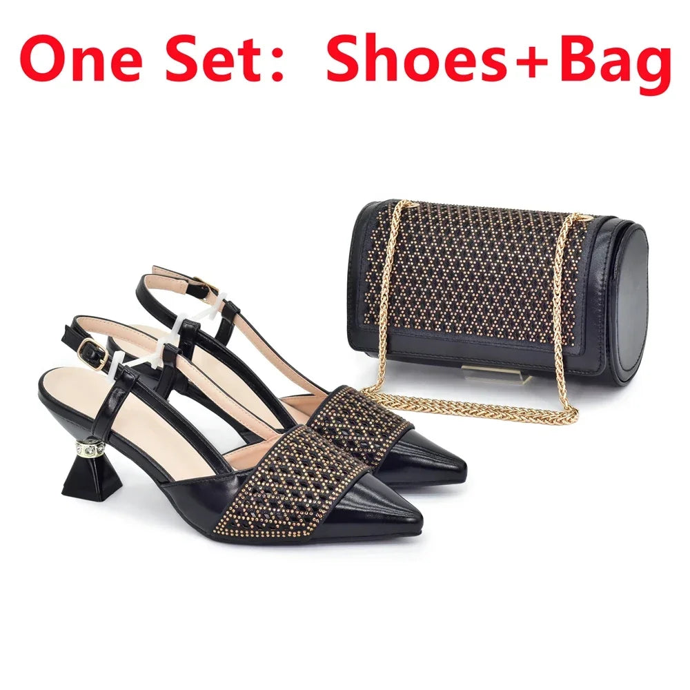 New Arrival Women Italian Shoes and Matching Bag Set Decorated with Rhinestones