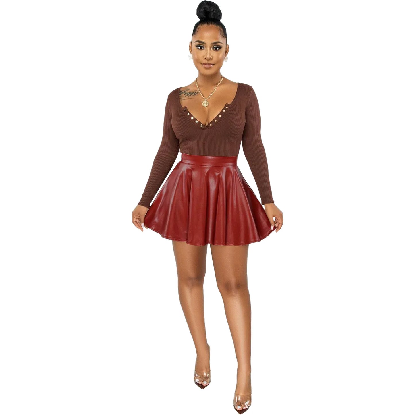 Summer Sexy Fashion Casual Solid Colour Pu Leather Swing Mini Skirt Pleated