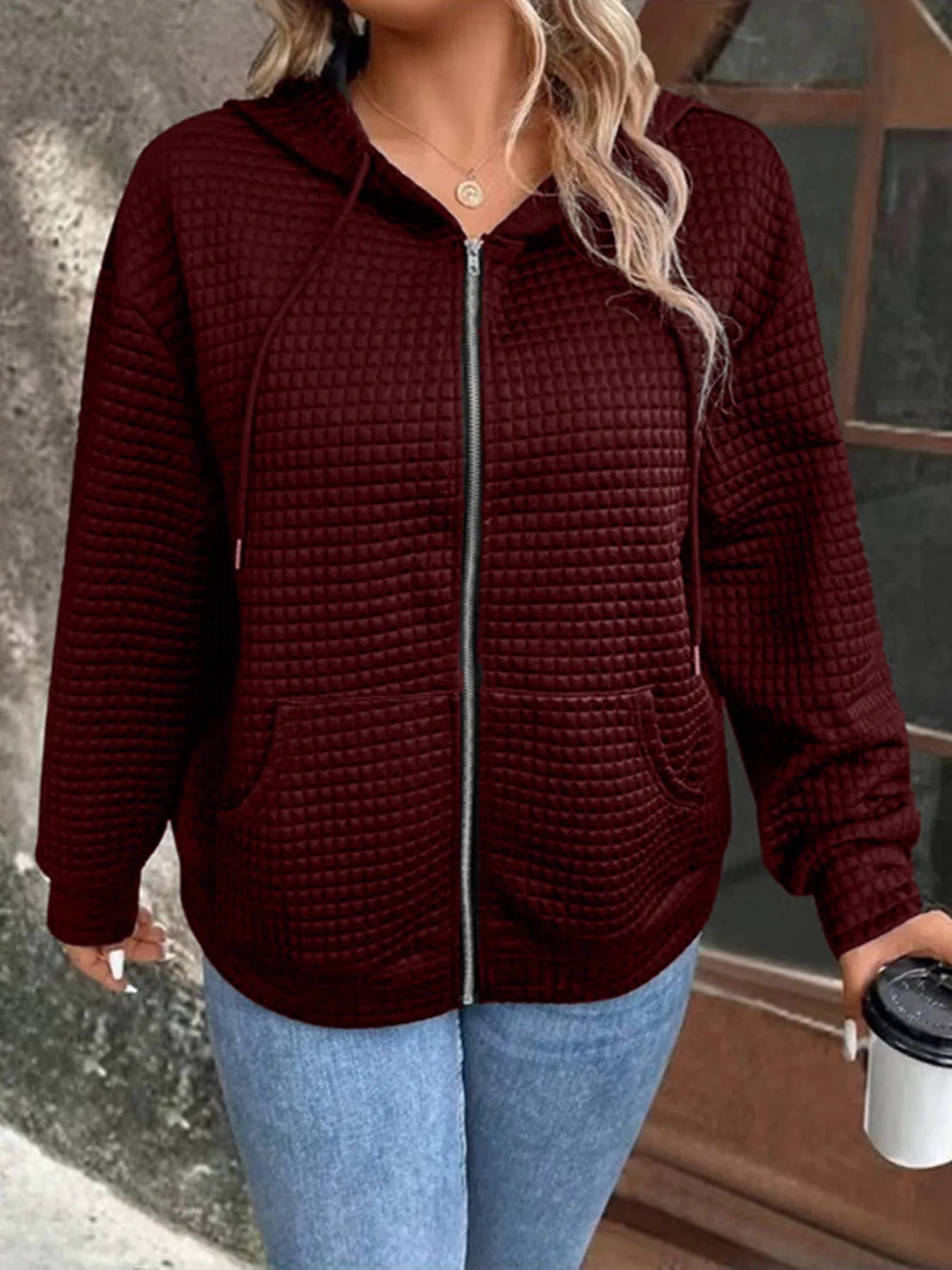 European plus size autumn new casual solid colour pocket hooded jacket