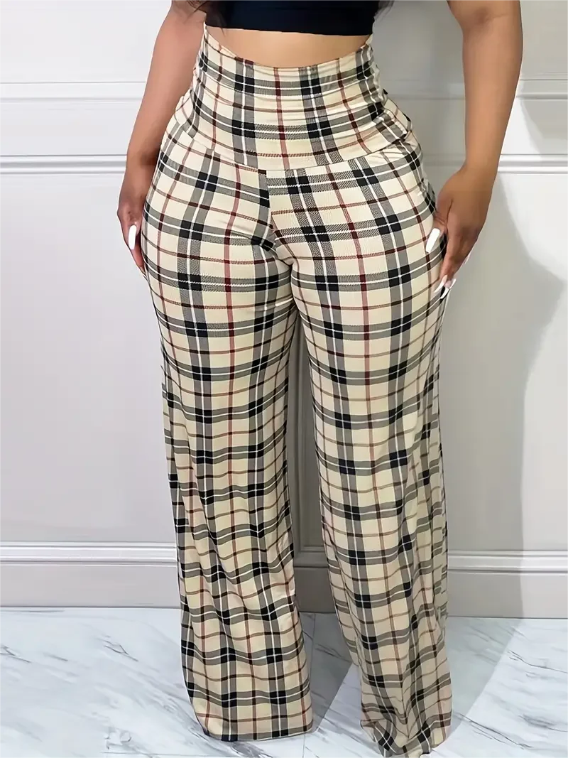 Women's Plaid Wide Leg Pants High Waist Casual Comfortable Loose Fit Pants. S-2x