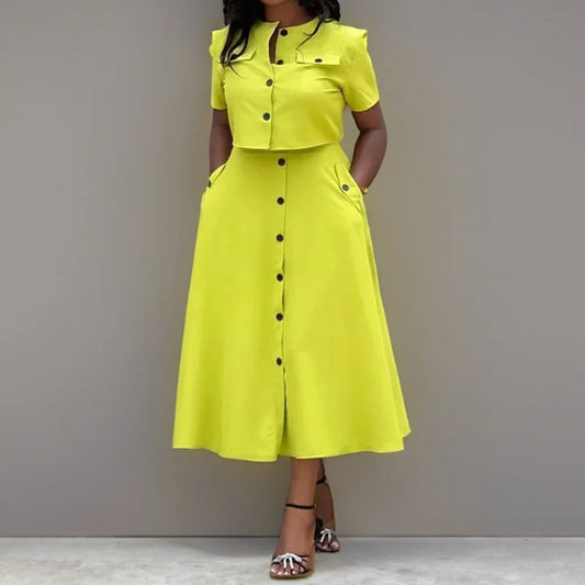 Women Top Skirt Set Summer Short Sleeve O-Neck Button Shirt + Midi Skirt Two 2 Piece Set.  S-3X