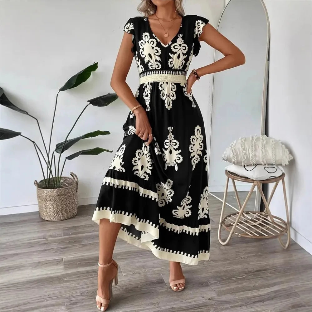 Women's Print Dress Summer Fashion High Waist Slim Body Casual V Neck Swing Elegant Ladies Long Dress.  S-XL