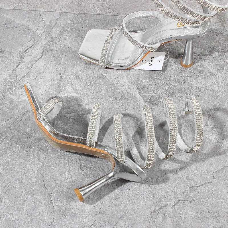 Fashion Women Sandals Summer New Crystal Snake Ankle Around Heels Stiletto Sexy Party Women's Sandals 9CM