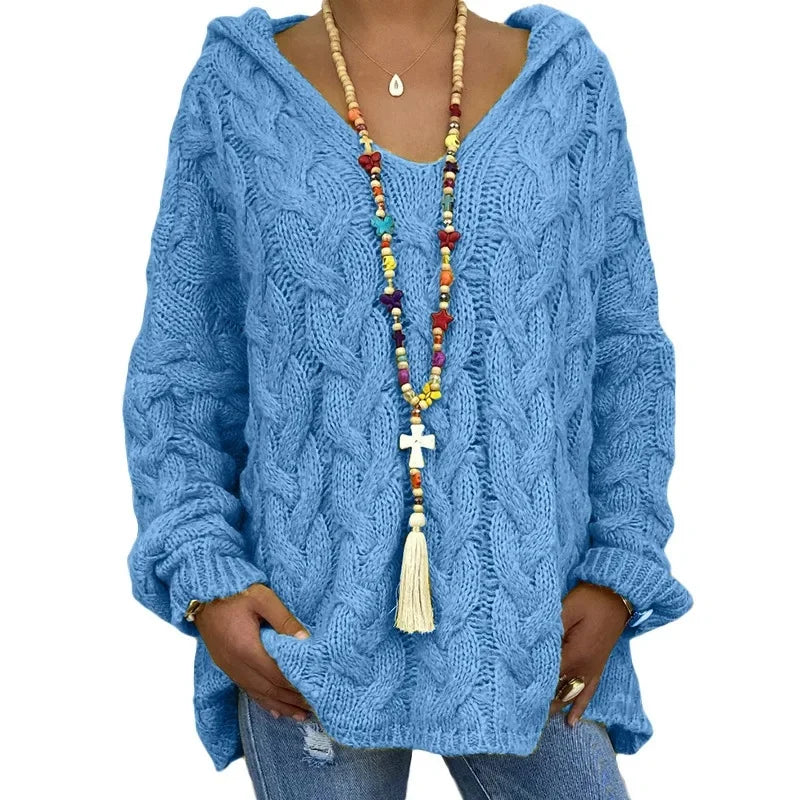 Women's Cable Knit Hooded Sweater - Cozy Pullover (S-5X)