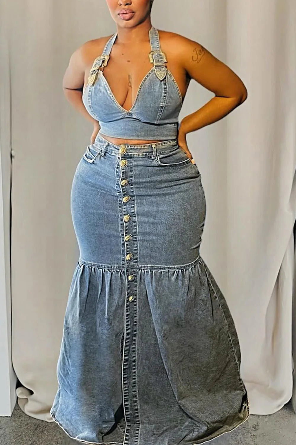 Women's Plus Size Denim Two Piece V-Neck Sexy Mermaid Skirt and Halter Cropped Top Matching Set Casual Vintage Fashion Outfits