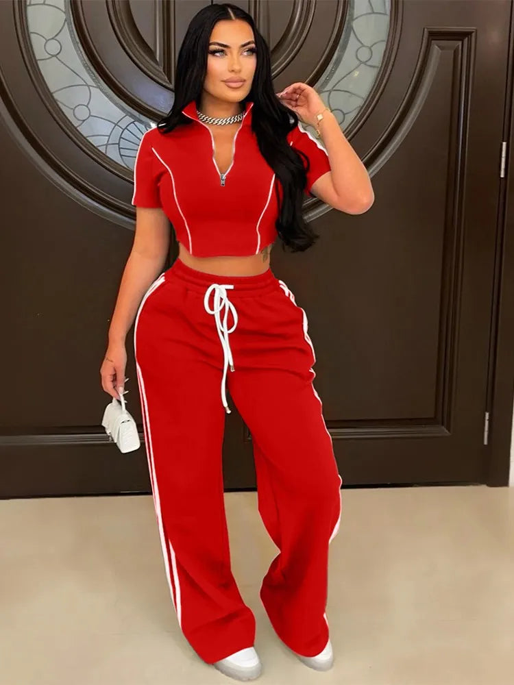Fashion Casual Short Hoodie 2 Piece Women Short Sleeved Sport Shirt Stripe Splicing Long Pant Suit.  S-2X