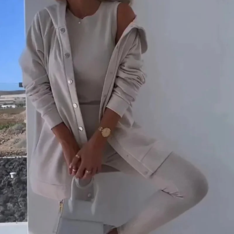 O-Neck Top Long Sweater Matching Set,Solid Three Piece Outfit, .  S-3x
