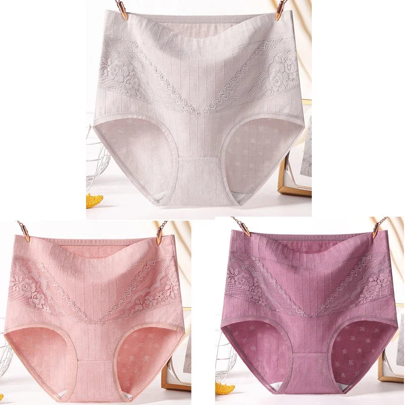 3pcs Curvy Size High Quality Cotton Underwear Lace High Waist Breathable Solid Colour.