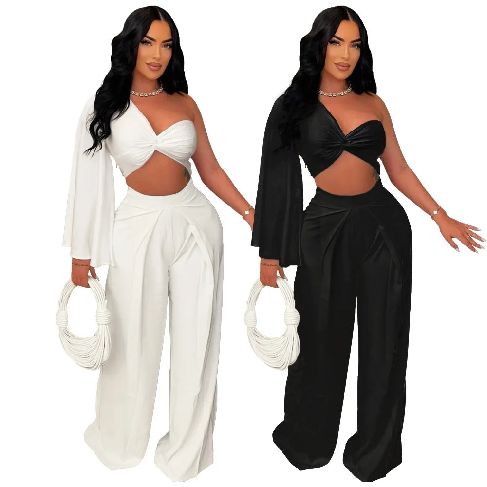 Ladies Sexy Two Piece Matching Set Wide Leg Pants One Shoulder Top.  Sz: S-xxL