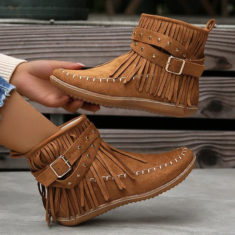 Bohemian Style Tassel Faux Suede Buckle Strap Short Boot.