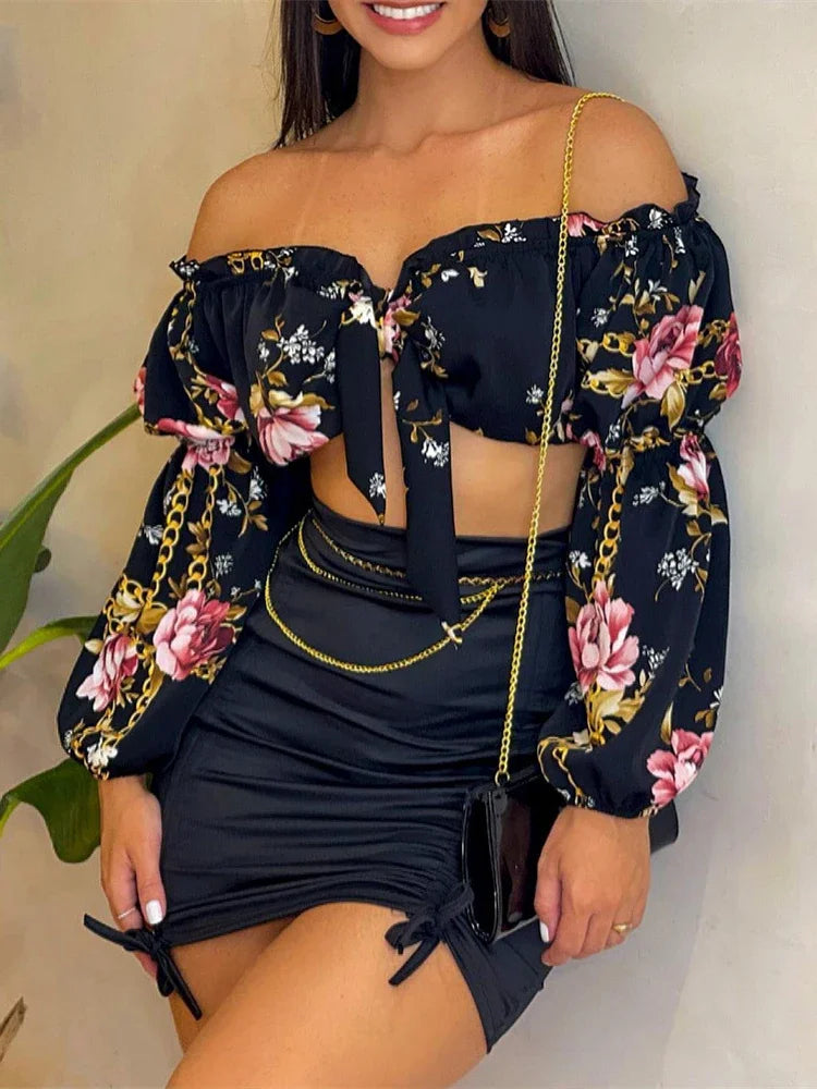 Summer Sexy Two Piece Set Women Chic Slash Collar Lantern Sleeves Crop Top & Solid Pattern Bodycon Skirt Set.