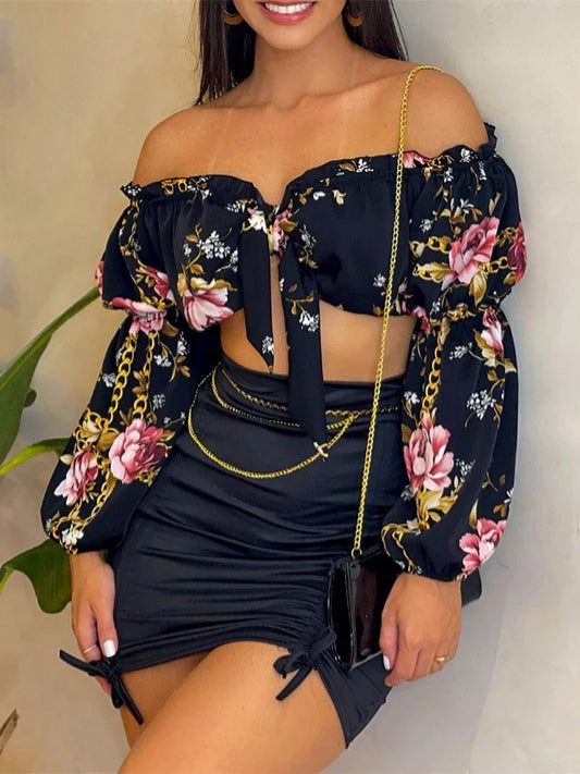 Summer Sexy Two Piece Set Women Chic Slash Collar Lantern Sleeves Crop Top & Solid Pattern Bodycon Skirt Set.