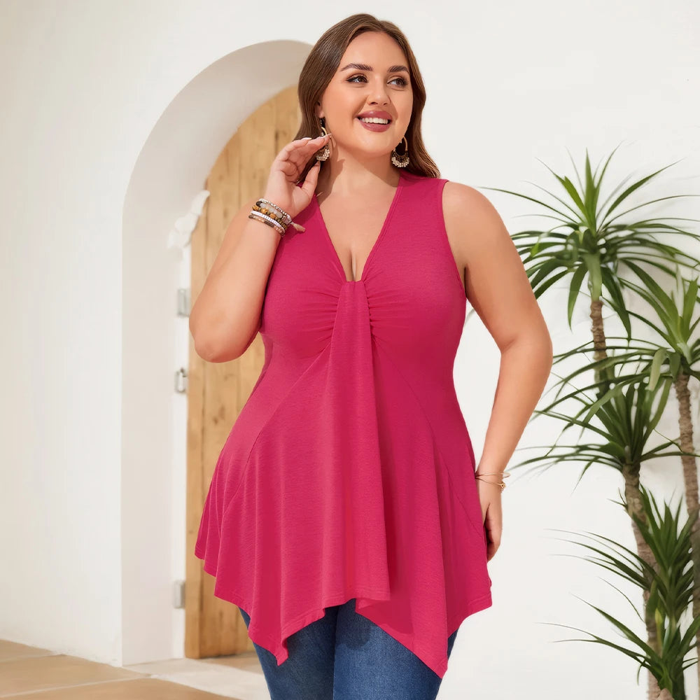 Plus Size Women's Solid V-Neck Tank Pleated Tunic Tops Summer Ladies Top . Size 1XL-6XL