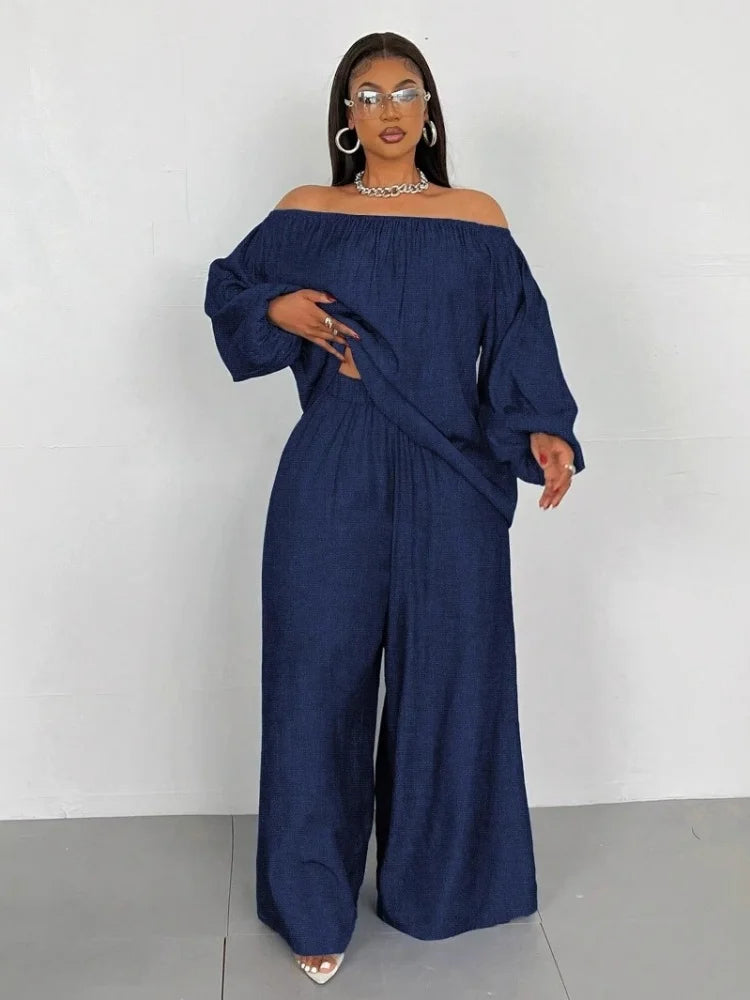 Two Piece Set Women Solid Color Large Size Set Imitating Denim Wide Leg Pant Set.  XL-4X