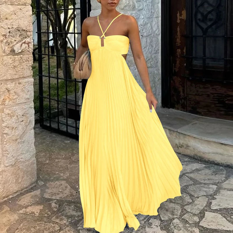 High Waist Pleats Sleeveless Solid Colour Summer Sexy Halter Party Dress.  S-XL