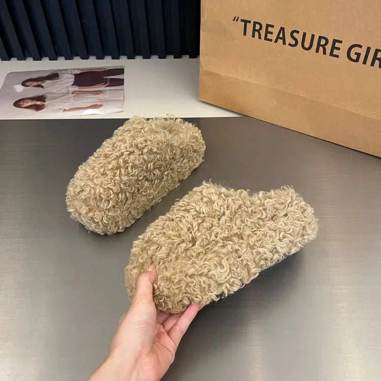 Thick Heel Luxury Lambwool Mules 2025 Winter Shoes Woman Flip Flops Flat Cover Toe Slides Ins Warm Curly Lamb Fur Slippers Women