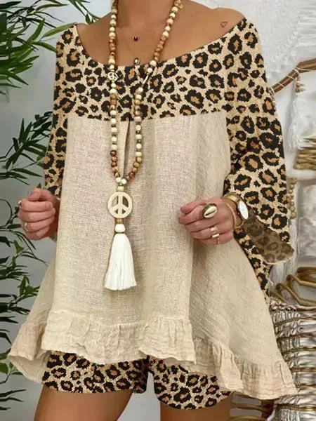 Women 2025 2 Piece Spring Summer Bohemian Casual Leopard Print Loose Fit Outfit.  S-3XL