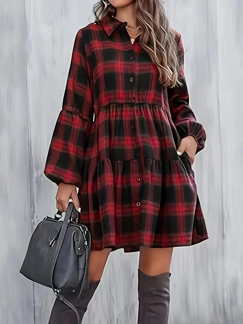 Plaid Print Button Front Dress, Elegant Lantern Long Sleeve Dress Or Women's Clothing.  S-2X