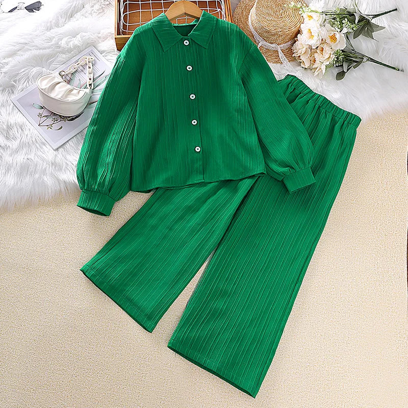 Girls Sets 8-12 Years Green Long-Sleeved Top + Green Pants For Girls Korean Style Suits Summer Casual Clothes Sets