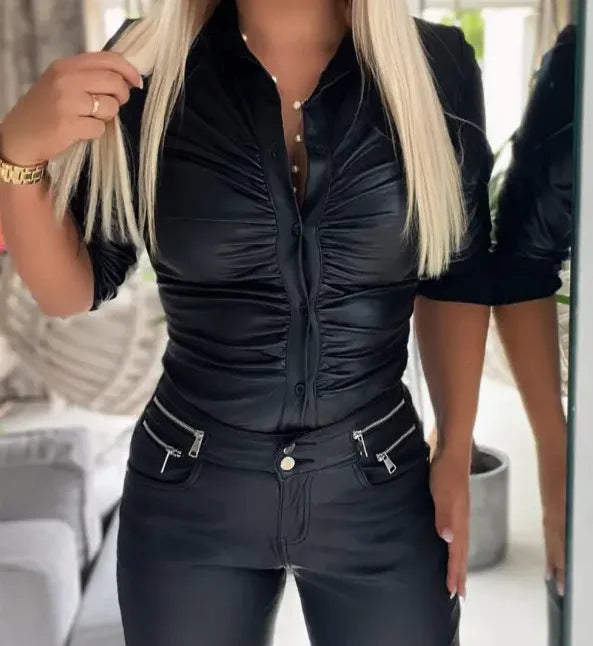 Women's Faux Leather Button Front Shirt with Ruched Lapel Collar Stylish and Comfortable Long Sleeve Top