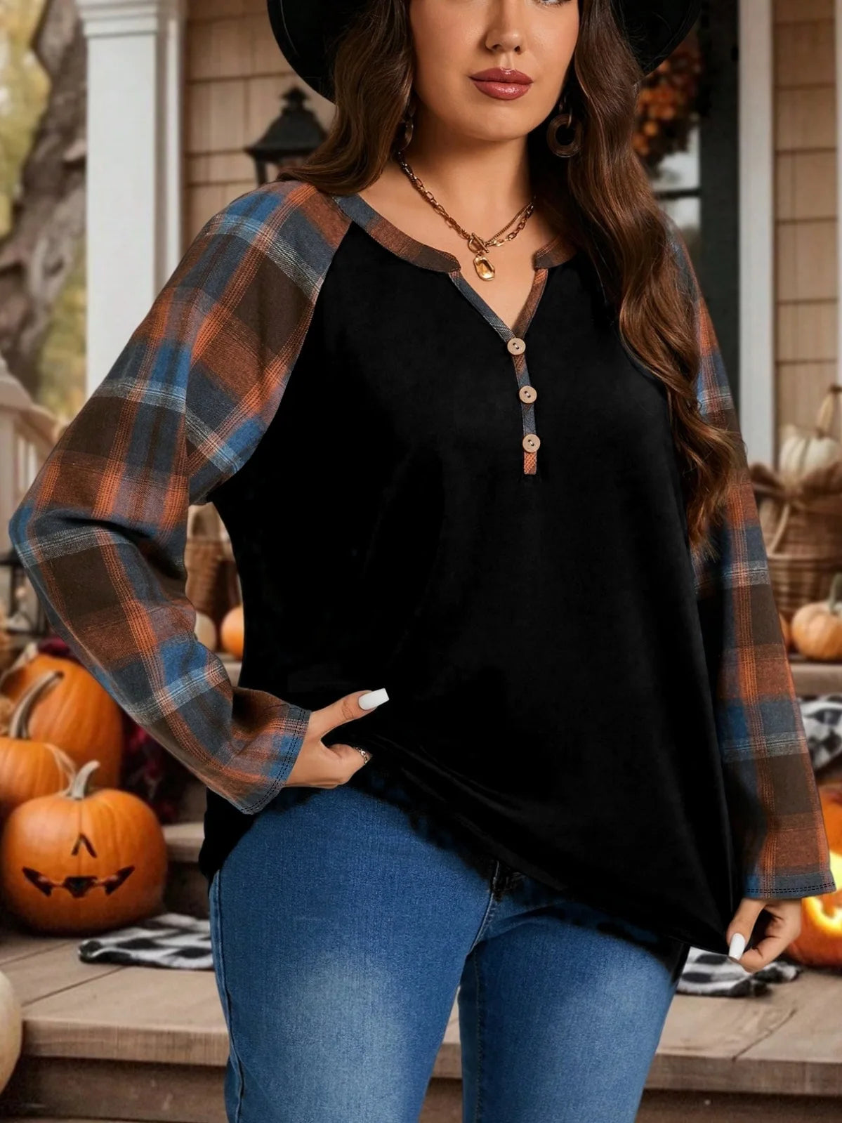 Plus Size Women's Plaid Splicing Long Sleeve Fashion Casual Top