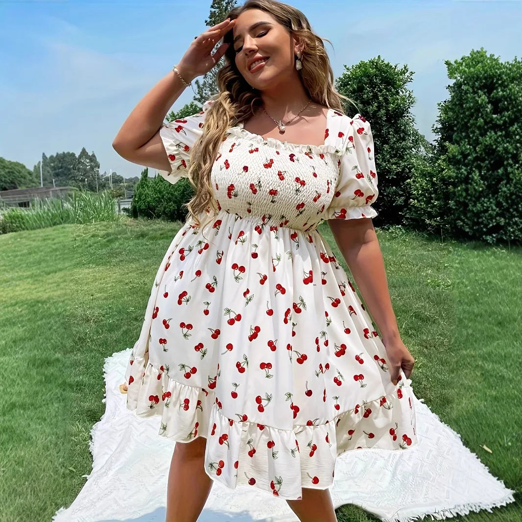 2025 Summer Women's Plus Size Dresses Fashion Cherry Print Short Sleeve Midi Dress Summer Casual A-line Dress