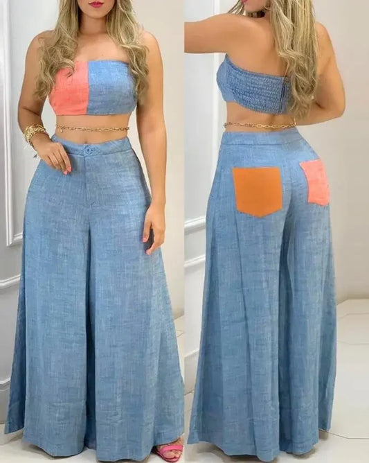 Two Piece Set Womens Outifit Summer Fashion Colour-block Bandeau Sleeveless Crop Top and Casual Wide Leg Long Pants Set