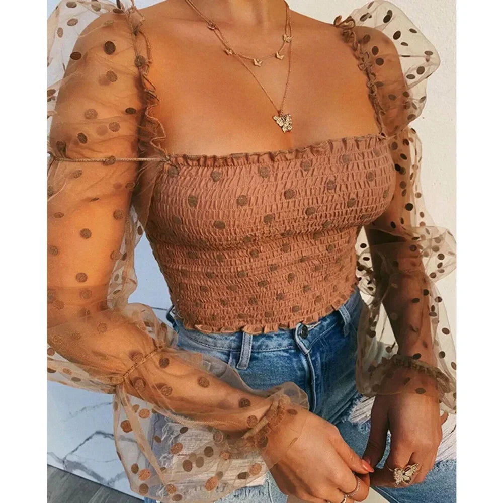 Mesh Puff Long Sleeve Square Neck Crop Top Summer Fall Sexy Blouse .