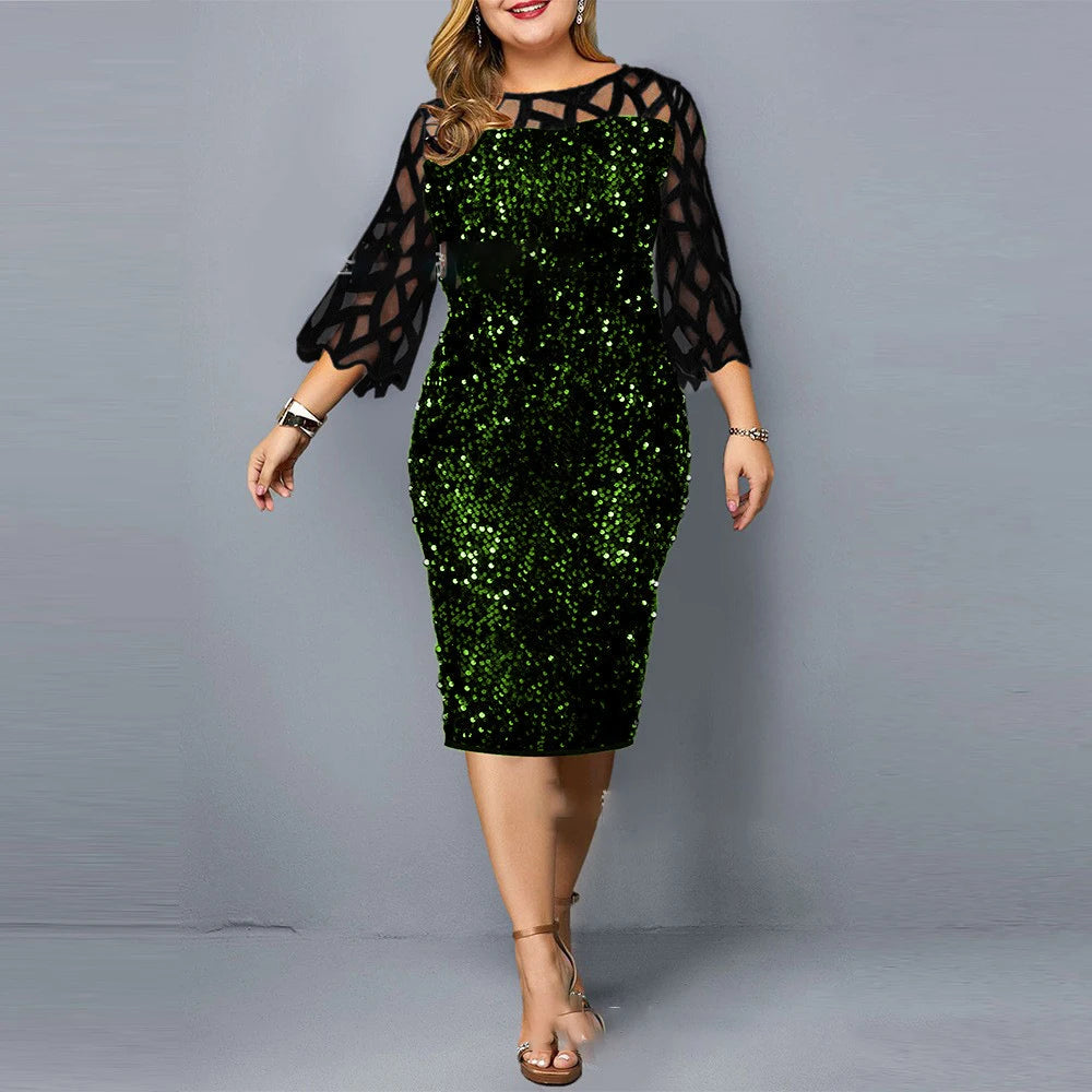 Elegant Sequin Plus Size Women Dress Sexy Casual Evening Party Dress