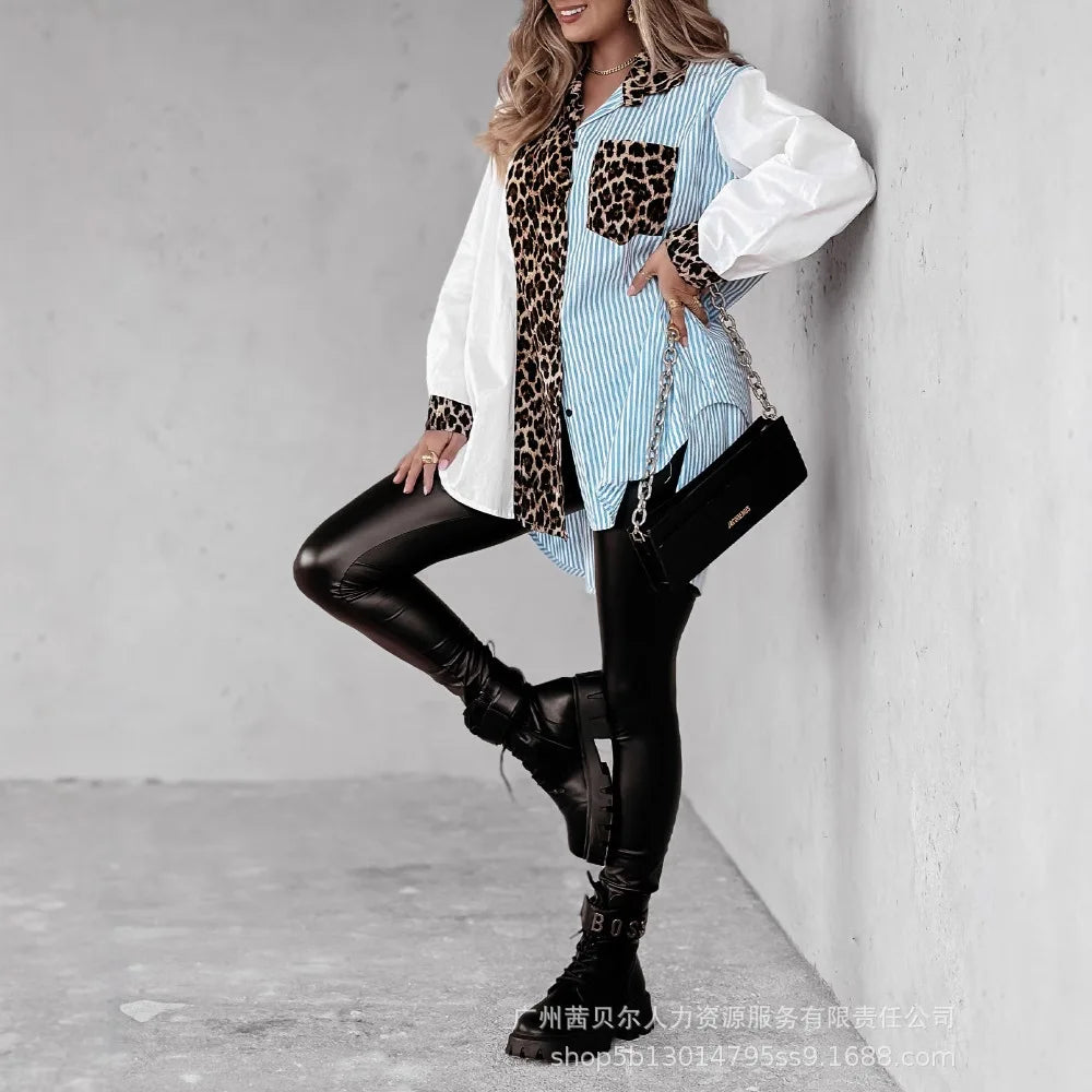 Women Leopard Print Striped Dip Hem Loose Fit Casual Blouse Button Shirt. S-XL