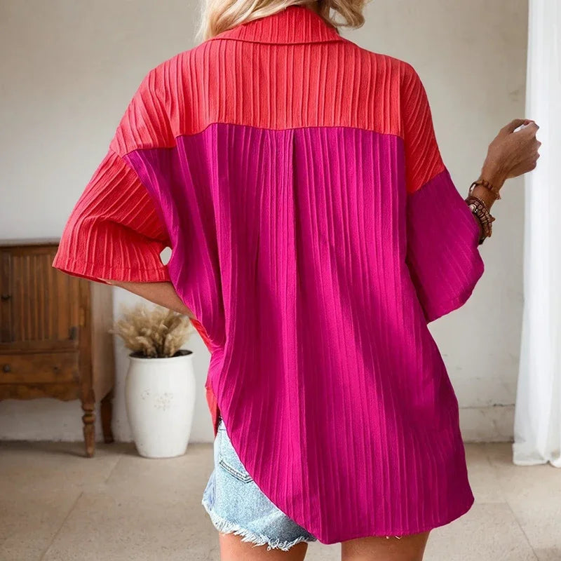 Fashion Chic Single-breasted Shirt Casual Loose Turn Down Collar Contrast Colour Stitching Pocket Short Sleeve Shirt For Women