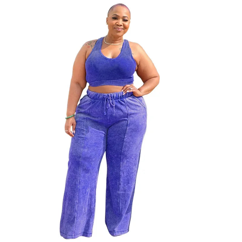Plus Size Women's Sleeveless Top +Wide Leg Straight Pants Washed Two 2 Piece Set Outfit .
