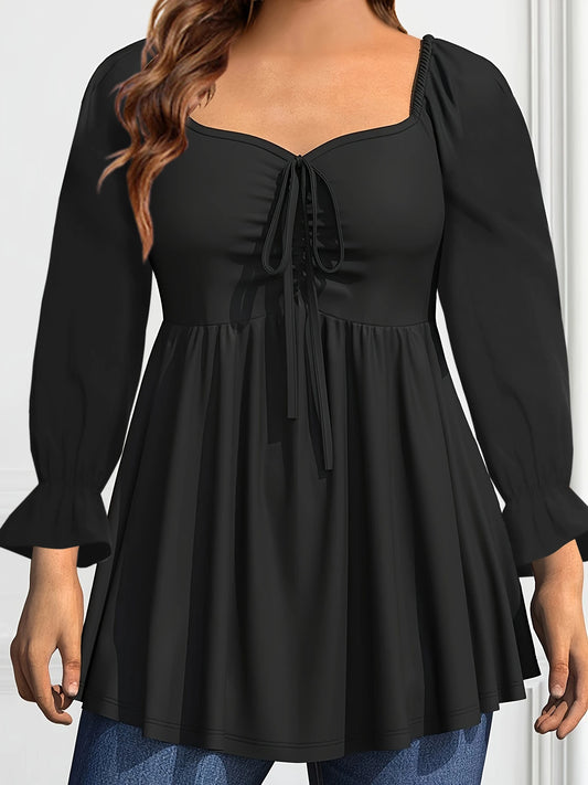Women Square Collar Plus Size Top Long Sleeve Drawstring Bandage Pleated Medium Stretch Solid Casual Top