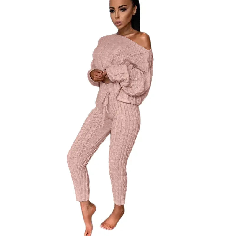 Ladies Comfy Two Piece Set Autumn and Winter Wear Pant Suit Solid Casual Knitted Sweater Set