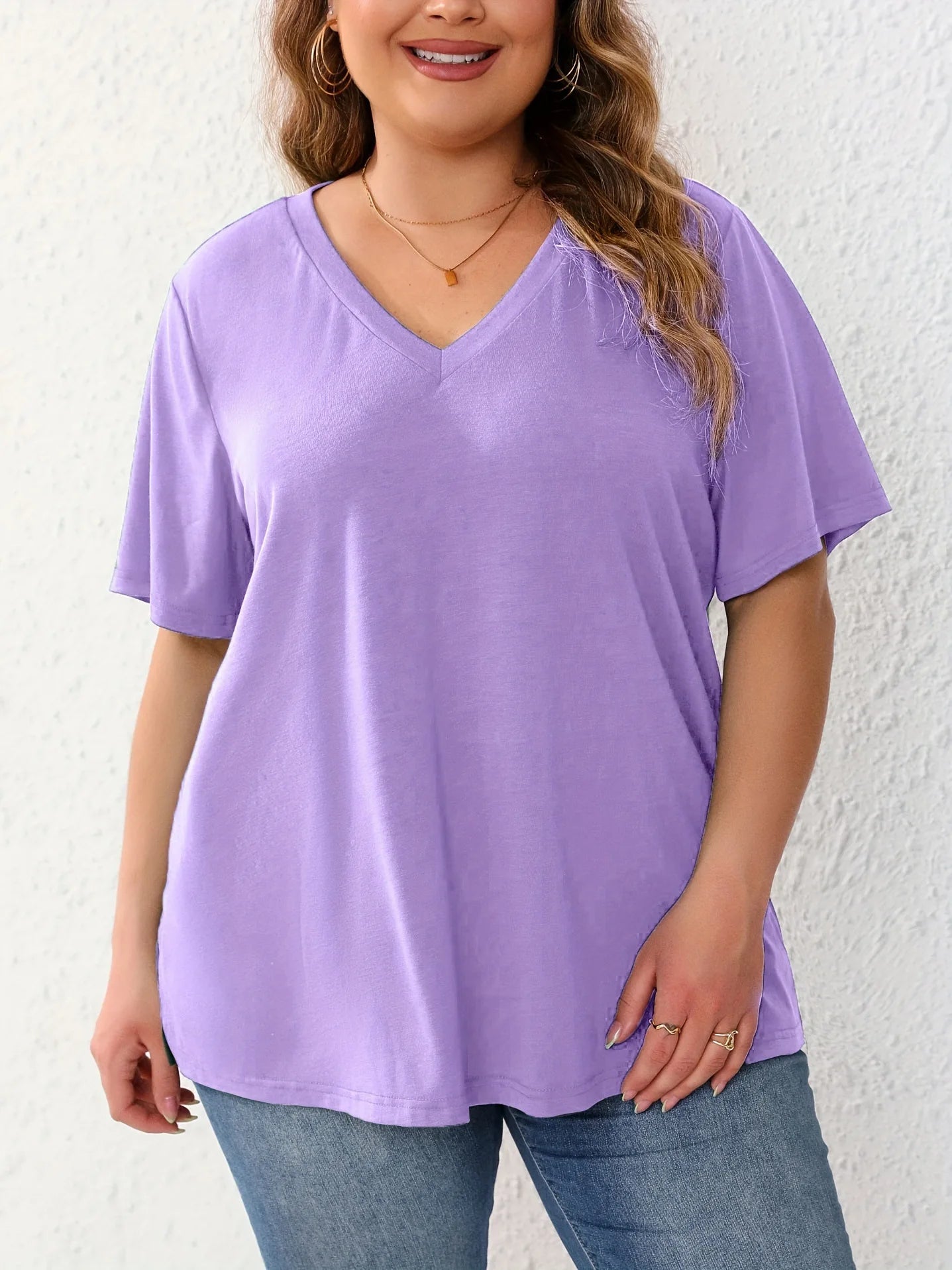 Plus Size Women T Shirt Summer V-Neck Short Sleeve Pullover Loose Tops Casual Solid Colours.