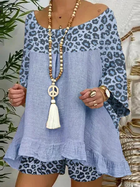 Women 2025 2 Piece Spring Summer Bohemian Casual Leopard Print Loose Fit Outfit.  S-3XL