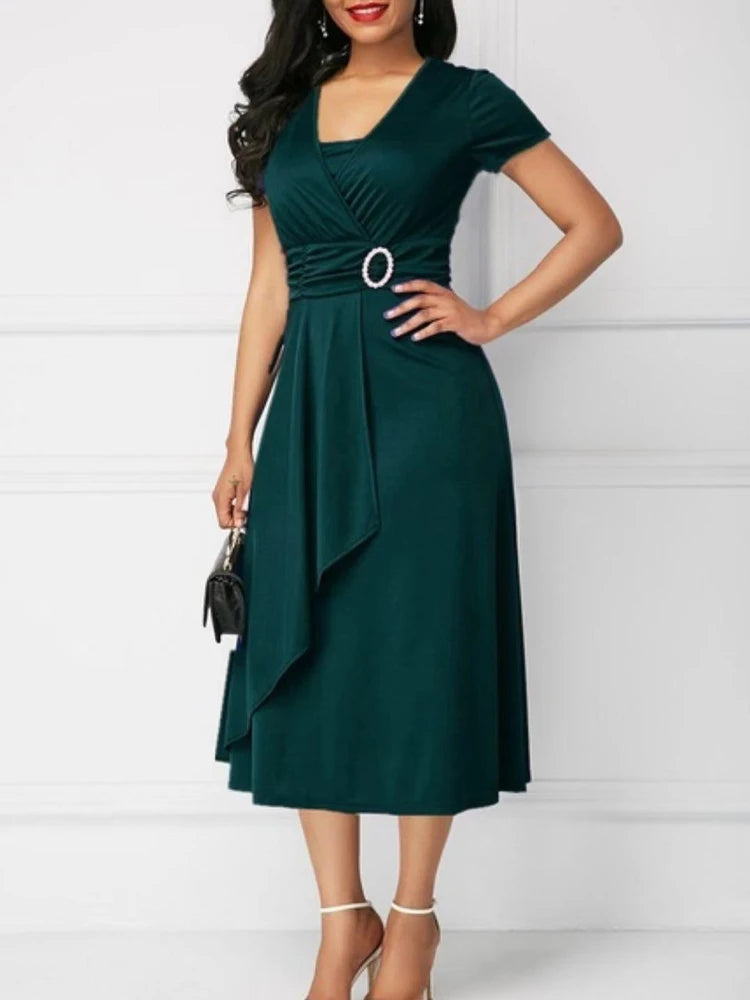 Elegant Women Solid Colour Short Sleeve V Neck Midi Party Dress.  S-5X