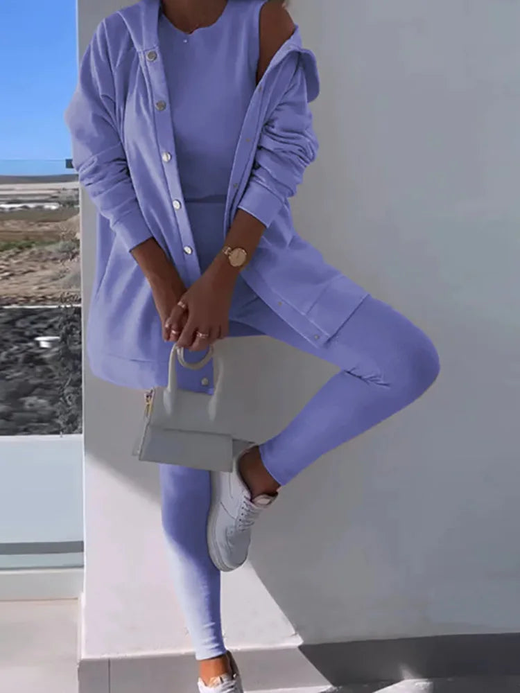 O-Neck Top Long Sweater Matching Set,Solid Three Piece Outfit, .  S-3x