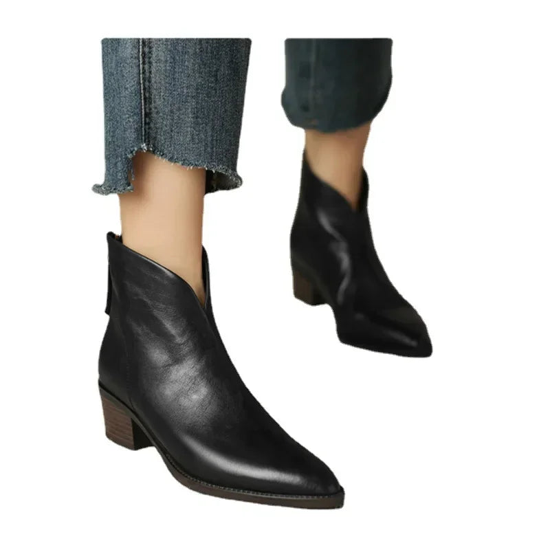 Women Faux Leather Pointy Ankle Boots Vintage Chelsea Boot Autumn PU Leather Ankle Boots.