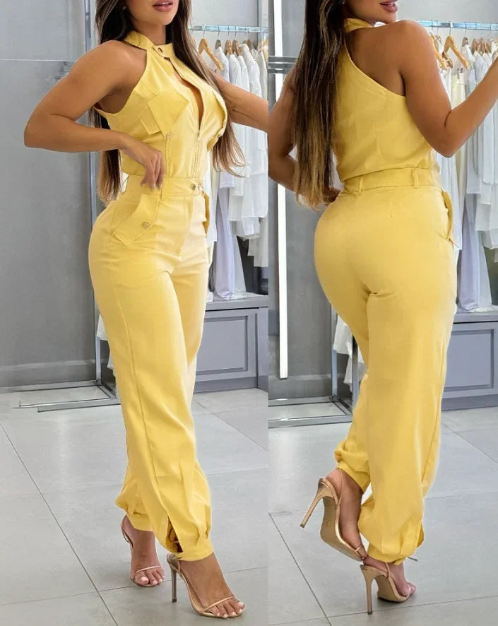2025 Sexy Elegant 2 Pieces Sets Women's Outfits Sleeveless High Neck Top With Pocket Design and Casual Cuffed Long Pants Set