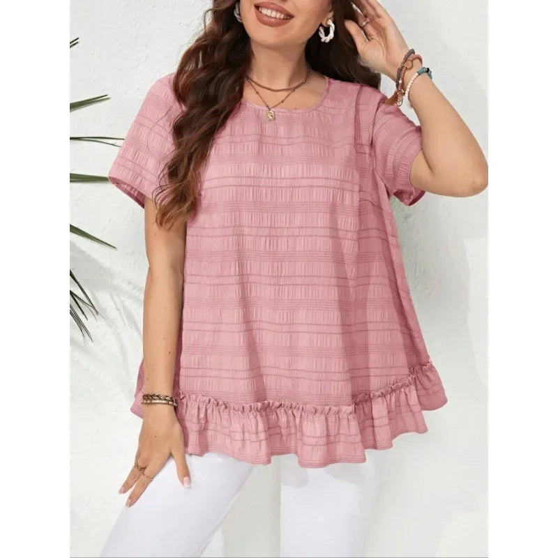 Plus Size 1XL-5XL Women's Casual and Fashionable Ruffled Round Neck Short Sleeved Shirt.