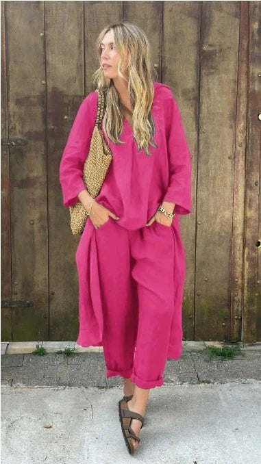 New Women's Pocket V-neck 2-piece Set Solid Loose Casual Women's Clothing Fashion Elegant Two Piece Outfits Woman.  S-3X