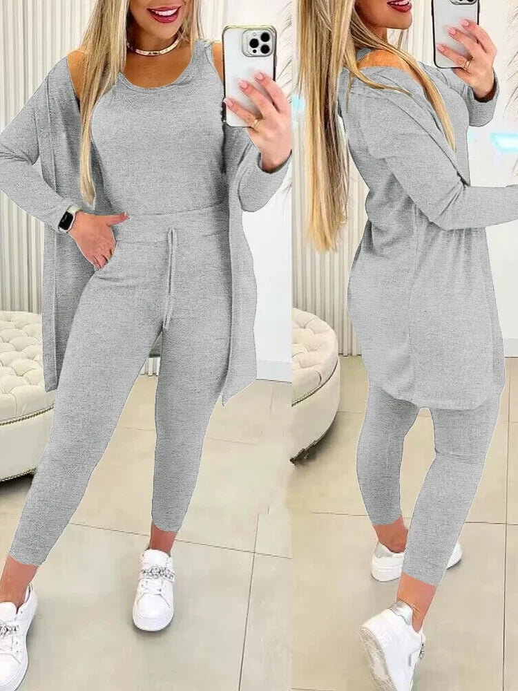 Fall Three Piece Set 2025 Casual Tank Top & Drawstring Pants Set & Coat Matching 3 Pieces Sport Wear.    S-2X