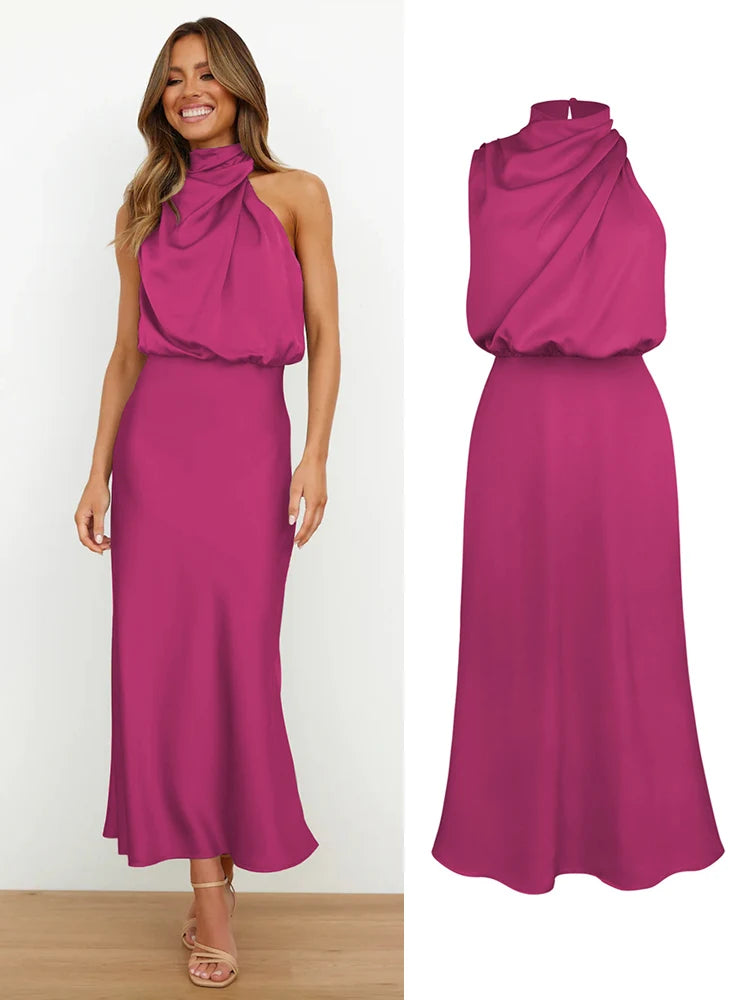 Summer High-End Silk Satin Long Dress Women Fashion Elegant Celebrity Evening Dress.  S-XL