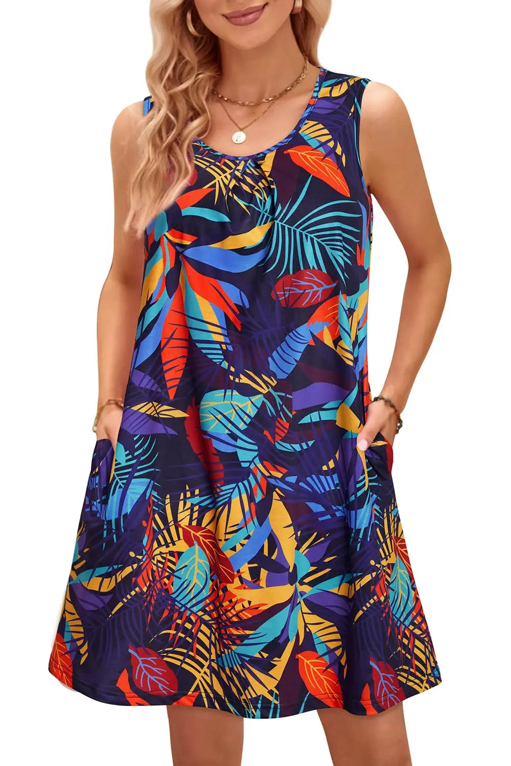 Bohemian Print Casual Sleeveless Women's Round Neck Dress Sweetheart Rustic Country Sleeveless Dress.  S-3X