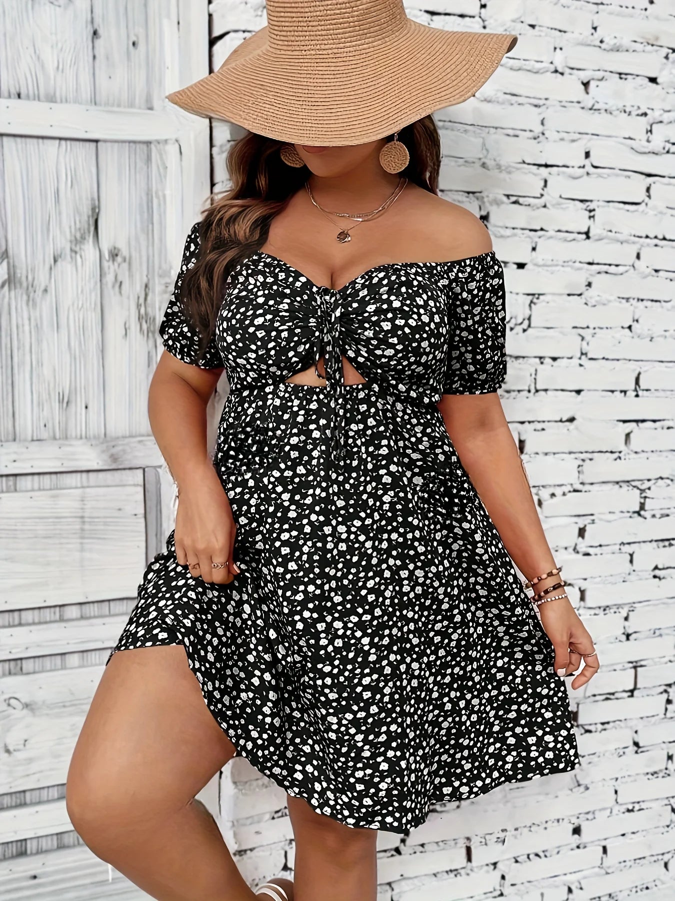 Curvy Size Summer Ladies Elegant Floral Print Off the Shoulder Dress.