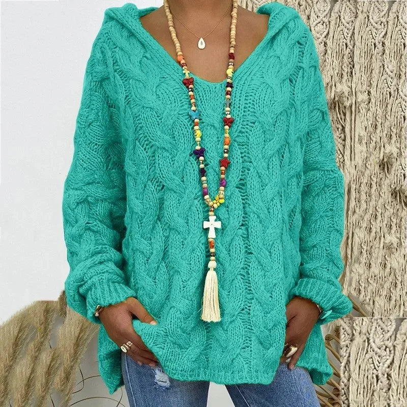 Women's Cable Knit Hooded Sweater - Cozy Pullover (S-5X)