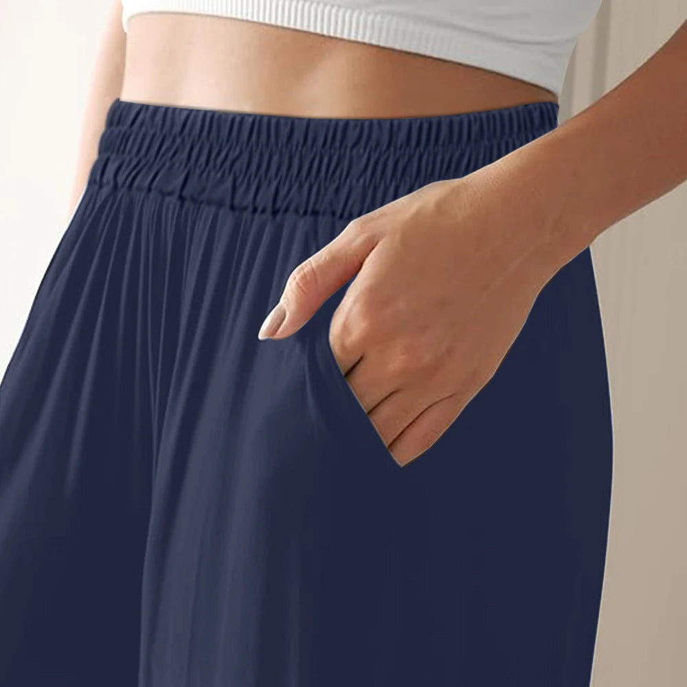 Spring Summer Ladies Elastic High Waist Wide Leg Pants Casual Loose For Comfortable Casual  Wear. Size S-5X